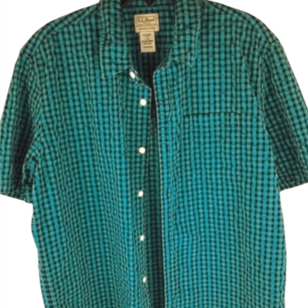 L.L. Bean Men's Teal Plaid Short Sleeve Button-down Shirt Crinkled Texture, XL